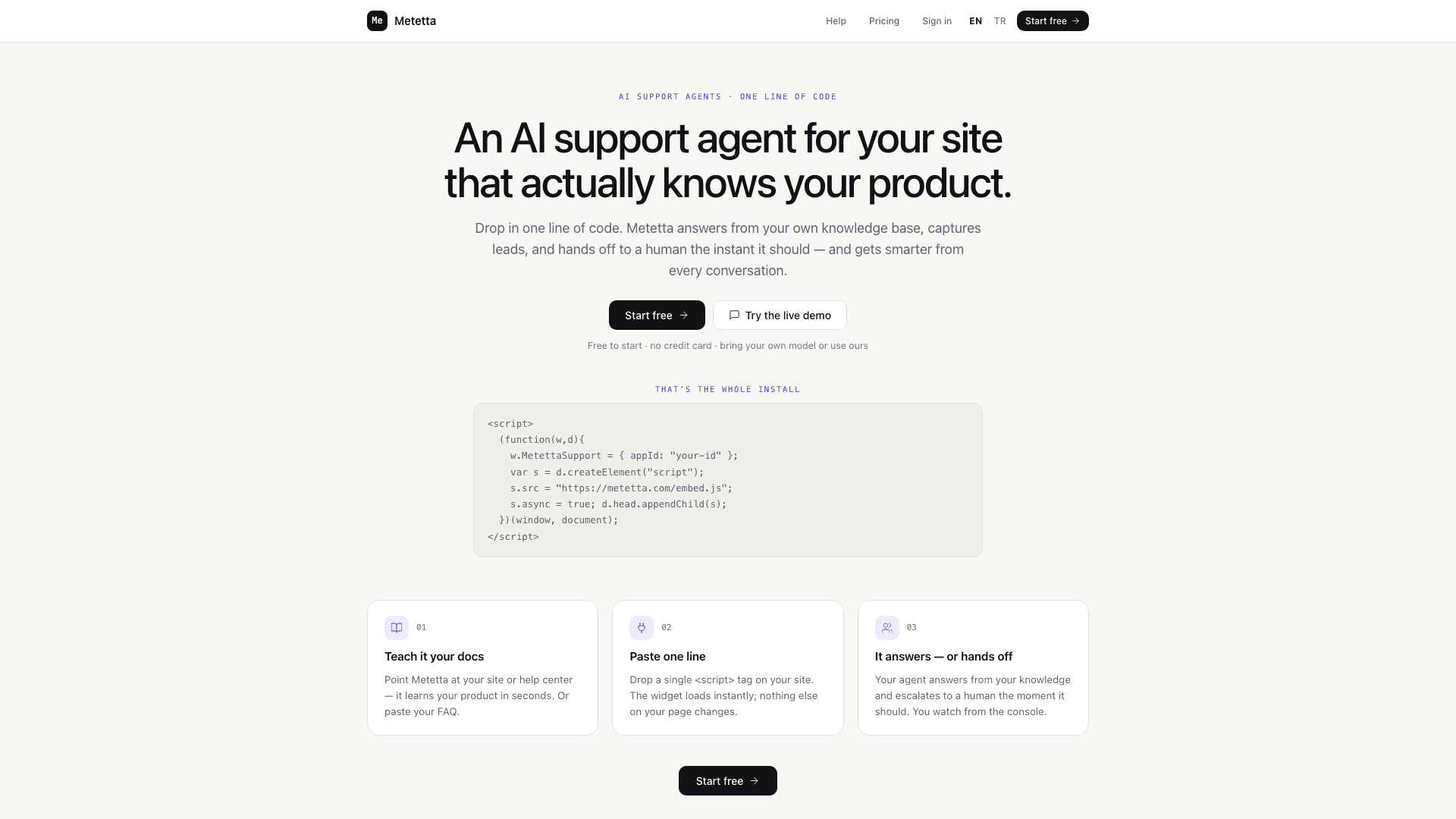 Metetta — AI support agents, one line of code.
