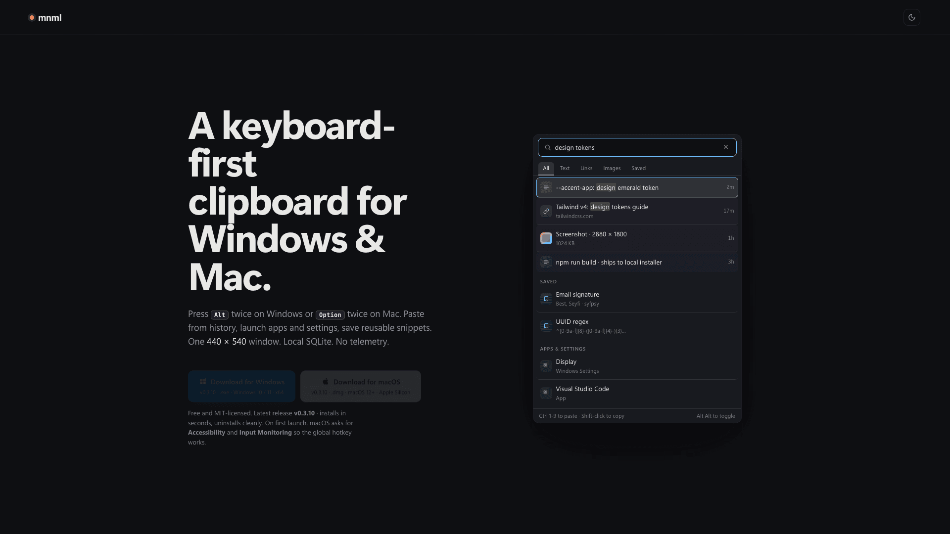 mnml — A keyboard-first clipboard for Windows.